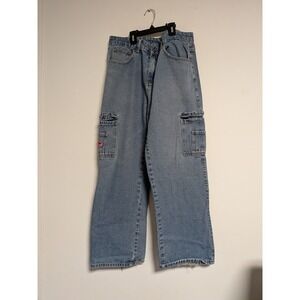 Vintage Y2K Cargo Wide Leg Jeans Medium Wash Distressed Hem Mens Size M